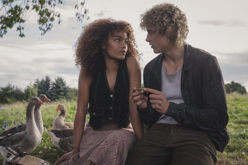 Whitney Peak as Lenore Dove Baird and Joseph Zada as Haymitch Abernathy in 'The Hunger Games: Sunrise on the Reaping'