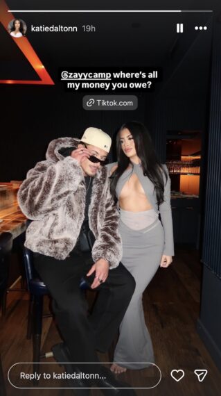 Katie Dalton's Instagram Story photo of herself and Isaiah Campbell, with the caption "@zayycamp where's all my moeny you owe?"