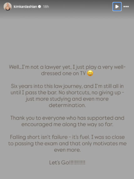 Kim Kardashian Instagram Story about bar exam results