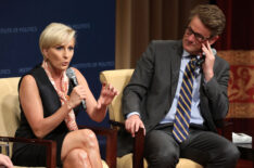 MSNBC 'Morning Joe' hosts Joe Scarborough and Mika Brzezinski are interviewed by philanthropist and financier David Rubenstein during a Harvard Kennedy School Institute of Politics event in the McGowan Theater at the National Archives July 12, 2017 in Washington, DC. Scarborough and Brzezinski, who are engaged to be married, were recently attacked by President Donald Trump on Twitter, where he called the hosts 'Psycho Joe' and 'low I.Q. Crazy Mika,' among other personal insults.