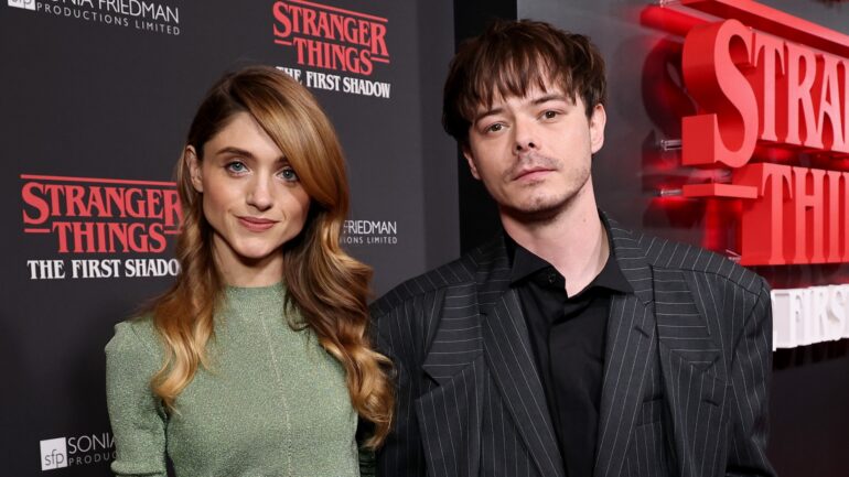 NEW YORK, NEW YORK - APRIL 22: (L-R) Natalia Dyer and Charlie Heaton attend Stranger Things: The First Shadow - Broadway Opening Night at Marquis Theatre on April 22, 2025 in New York City.