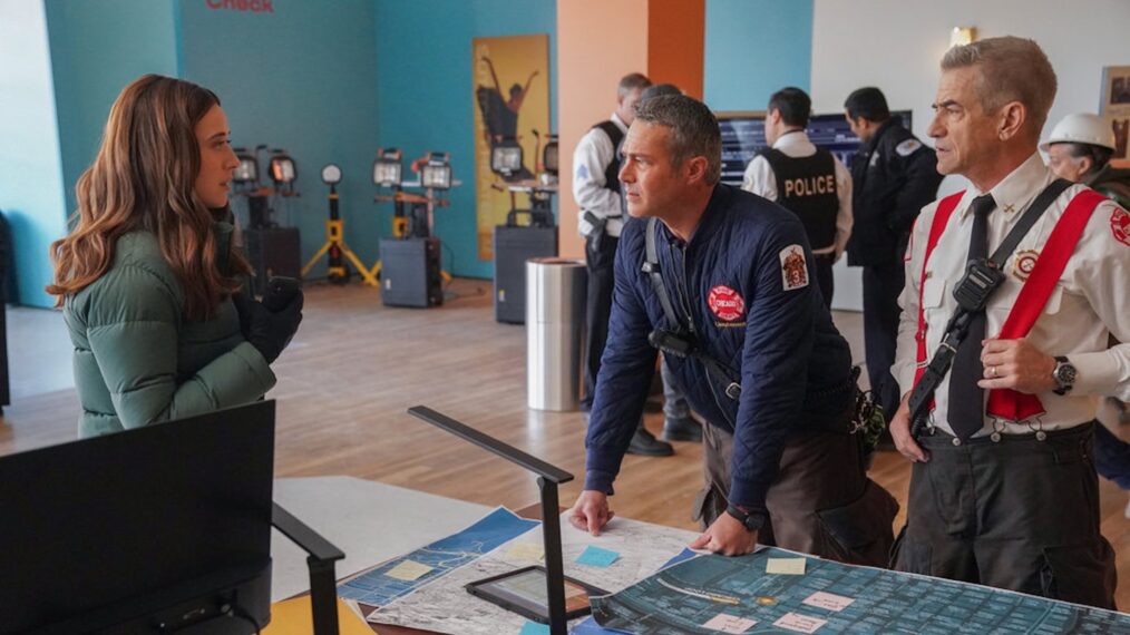 Marina Squerciati as Kim Burgess, Taylor Kinney as Kelly Severide, Dermot Mulroney as Chief Dom Pascal — 'Chicago P.D.' Season 12 Episode 14 