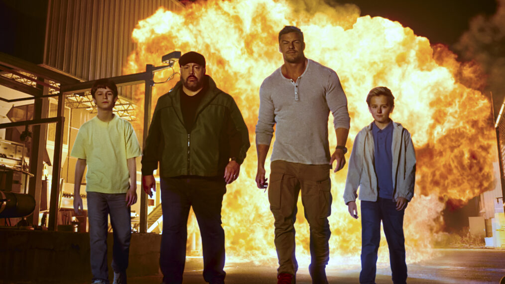 Lucas (Benjamin Pajak), Brian (Kevin James), Jeff (Alan Ritchson), and CJ (Banks Pierce) in 'Playdate' on Prime Video