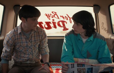 Noah Schnapp as Will Byers and Finn Wolfhard as Mike Wheeler in STRANGER THINGS