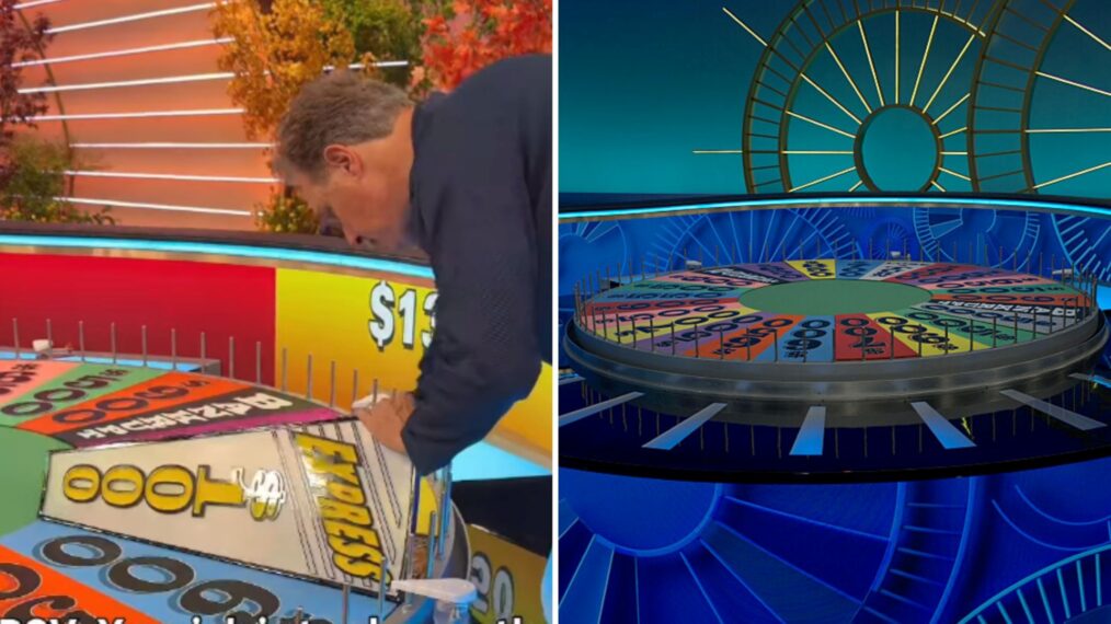 (Left) Wedge crew member changing out the wedges on the 'Wheel of Fortune' wheel