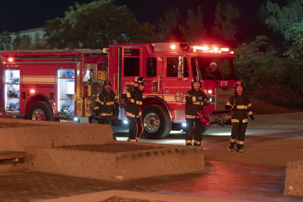 Anirudh Pisharody as Ravi, Oliver Stark as Buck, Ryan Guzman as Eddie, and Kenneth Choi as Chimney — '9-1-1' Season 9 Episode 7 