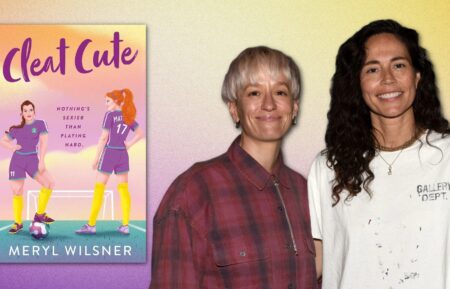 Megan Rapino and Sue Bird next to the book cover of 'Cleat Cute'