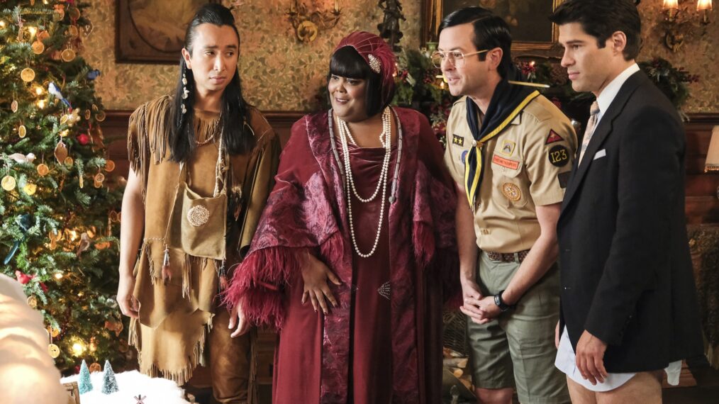 “It's a Wonderful Christmas Carol: Part One” – Sam’s big Christmas Eve TV interview with Walter Storm (Larry Wilmore) takes an unexpected turn. Meanwhile, Trevor and Patience bond over their mutual disinterest in celebrating Christmas, on the CBS Original series GHOSTS, Thursday, Dec. 18 (9:01-9:30 PM, ET/PT). Pictured L to R: Román Zaragoza as Sasappis, Danielle Pinnock as Alberta, Richie Moriarty as Pete, and Asher Grodman as Trevor. Photo: Bertrand Calmeau/CBS ©2025 CBS Broadcasting, Inc. All Rights Reserved.