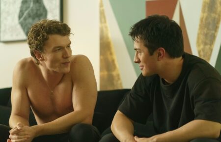 Connor Storrie as Ilya and Hudson Williams as Shane in 'Heated Rivalry' episode 4