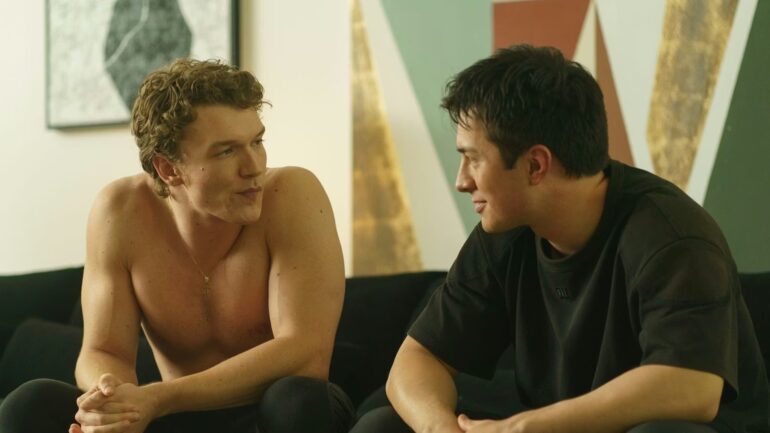 Connor Storrie as Ilya and Hudson Williams as Shane in 'Heated Rivalry' episode 4