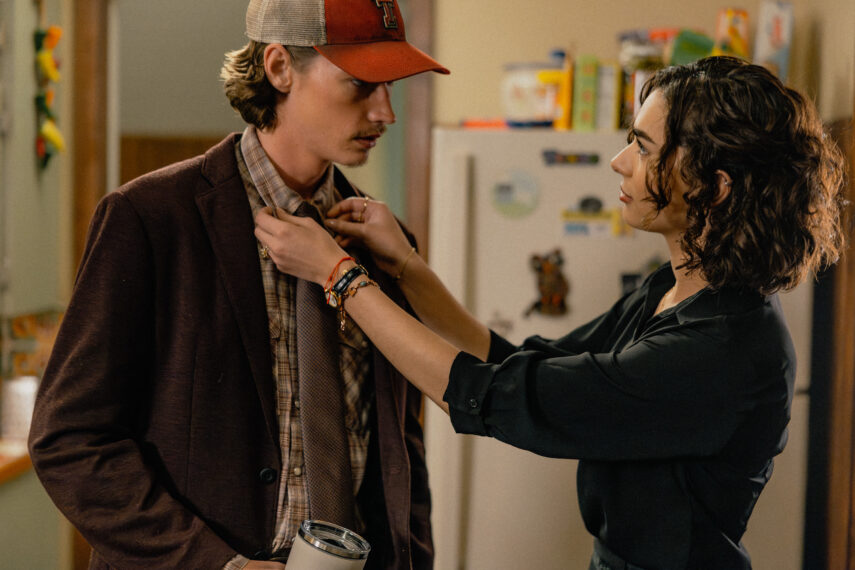 Jacob Lofland as Cooper and Paulina Chavez as Ariana in Landman episode 4, season 2, streaming on Paramount+. Photo Credit: Emerson Miller/Paramount+