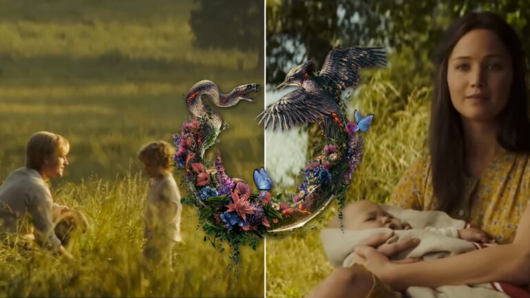 Jennifer Lawrence and Josh Hutcherson in Mockingjay Part 2 with Sunrise on the Reaping logo