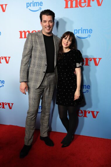 Jonathan Scott and Zooey Deschanel attend the Los Angeles screening of Amazon Prime Video's "Merv" at The Culver Theater on December 04, 2025 in Culver City, California.