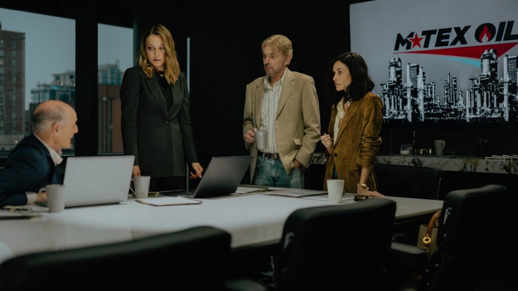 Colm Feore as Nathan, Kayla Wallace as Rebecca, Billy Bob Thornton as Tommy and Demi Moore as Cami in Landman episode 3, season 2, streaming on Paramount+. Photo Credit: Emerson Miller/Paramount+