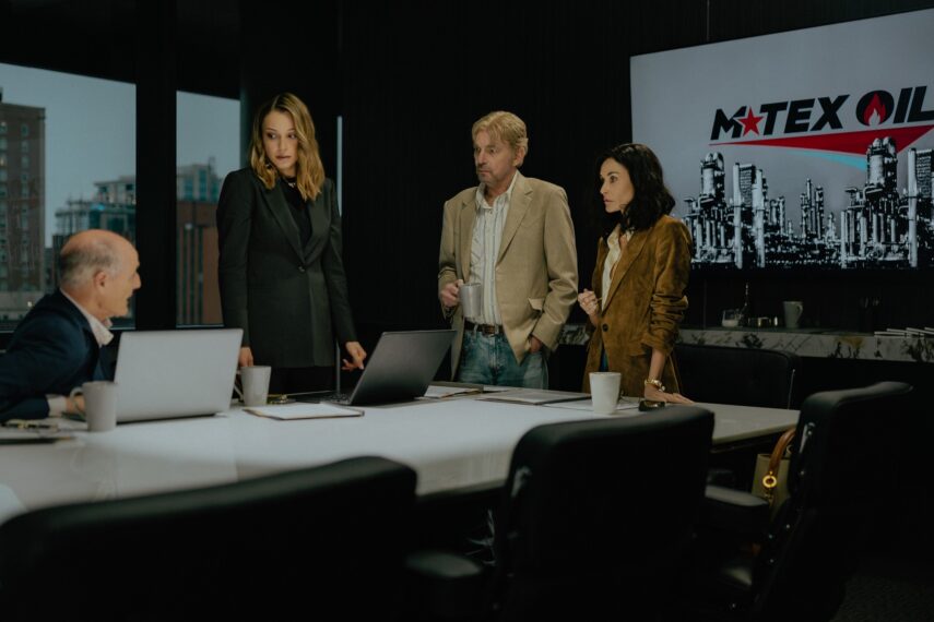 Colm Feore as Nathan, Kayla Wallace as Rebecca, Billy Bob Thornton as Tommy and Demi Moore as Cami in Landman episode 3, season 2, streaming on Paramount+. Photo Credit: Emerson Miller/Paramount+