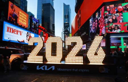 NEW YORK, NEW YORK - DECEMBER 18: The New Year's Eve ball drop numerals for 2026 are displayed in Times Square on December 18, 2025 in New York City. The numbers will be on display in Times Square from December 18 to December 22, before being hoisted to the top of One Times Square, where they'll light up when the ball drops to mark the beginning of 2026. (Photo by Spencer Platt/Getty Images)