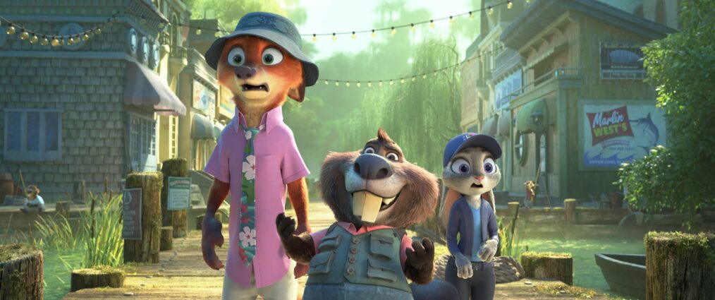 Nick Wilde (voice: Jason Bateman), Nibbles (voice: Fortune Feimster), and Judy Hopps (voice: Ginnifer Goodwin) in Zootopia