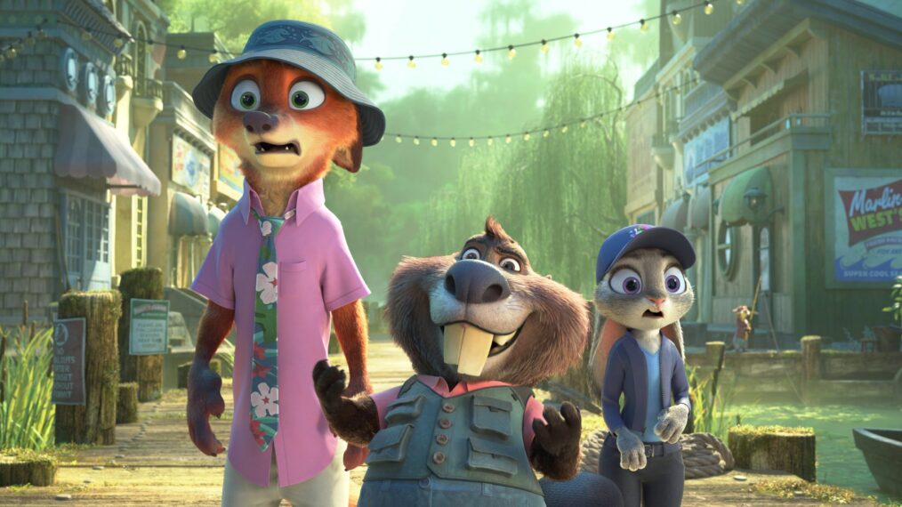 Nick Wilde (voice: Jason Bateman), Nibbles (voice: Fortune Feimster), and Judy Hopps (voice: Ginnifer Goodwin) in Zootopia