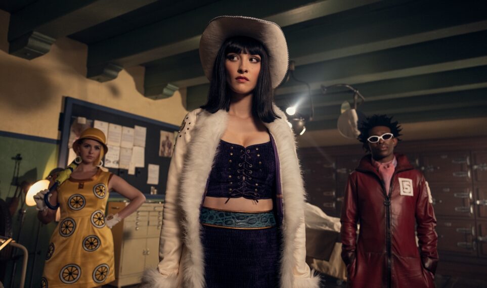 One Piece. (L to R) Jazzara Jaslyn as Miss Valentine, Lera Abova as Miss All Sunday, Camrus Johnson as Mr. 5 in season 2 of One Piece. Cr. Casey Crafford/Netflix © 2026