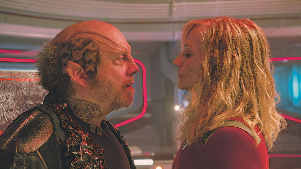 L-R: Paul Giamatti as Nus Braka and Holly Hunter as Chancellor Nahla Ake in season 1 , episode 1 of Star Trek: Starfleet Academy streaming on Paramount+.