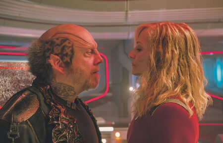 L-R: Paul Giamatti as Nus Braka and Holly Hunter as Chancellor Nahla Ake in season 1 , episode 1 of Star Trek: Starfleet Academy streaming on Paramount+.
