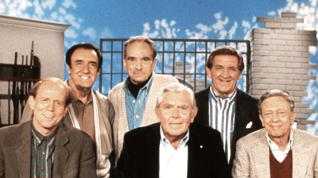 THE ANDY GRIFFITH SHOW REUNION, front from left: Ron Howard, Andy Griffith, Don Knotts, rear from left: Jim Nabors, Jack Dodson, George Lindsey, 1993