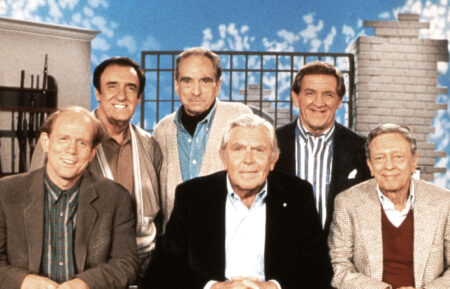 THE ANDY GRIFFITH SHOW REUNION, front from left: Ron Howard, Andy Griffith, Don Knotts, rear from left: Jim Nabors, Jack Dodson, George Lindsey, 1993