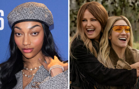 Angel Reese attends the NBA London Game 2026 at The O2 Arena on January 18, 2026 in London, England. NOTE TO USER: User expressly acknowledges and agrees that, by downloading and or using this photograph, User is consenting to the terms and conditions of the Getty Images License Agreement. (Photo by Eamonn M. McCormack/Getty Images); Sophie (Brittany Snow);Margo (Malin Akerman) - The Hunting Wives - Season 1