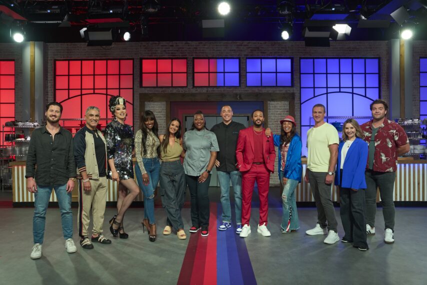 Celebrity contestants Val Chmerkovskiy, Reza Farahan, Manila Luzon, Amara La Negra, Lisa Barlow, Romeo Miller, Julie Brown, Ryan Lochte, Beverley Mitchell and CT Tamburello line up with hosts Jeff Mauro and Tiffany Derry, as seen on 'Worst Cooks in America,' Season 30, Food Network.