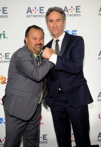 TV personalities Frank Fritz (L) and Mike Wolfe attend 2015 A+E Networks Upfront on April 30, 2015 in New York City