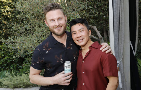 Bobby Berk (L) and Dewey Do (R) attend the Jeannie Mai x Owls Brew Boozy Tea Party at The Wheelhouse on July 16, 2021