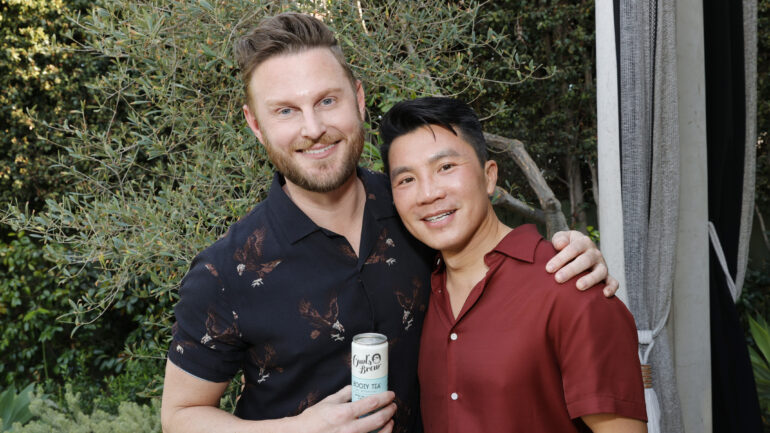 Bobby Berk (L) and Dewey Do (R) attend the Jeannie Mai x Owls Brew Boozy Tea Party at The Wheelhouse on July 16, 2021
