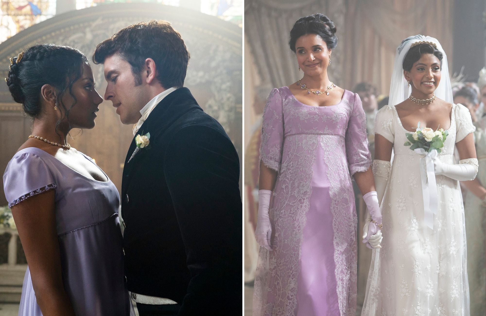 Simone Ashley and Jonathan Bailey as Kate and Anthony in 'Bridgerton' Season 2 Episode 6; Charithra Chandran and Shelley Conn as Edwina and Lady Sharma in 'Bridgerton' Season 2 Episode 6