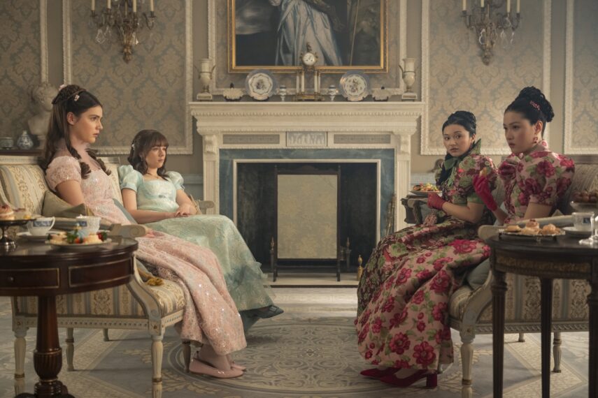 Bridgerton. (L to R) Florence Hunt as Hyacinth Bridgerton, Claudia Jessie as Eloise Bridgerton, Michelle Mao as Rosamund Li, Isabella Wei as Posy Li in episode 406 of Bridgerton.