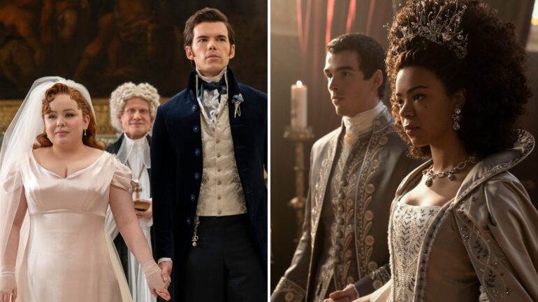 Nicola Coughlan and Luke Newton in 'Bridgerton,' India Amarteifio and Corey Mylchreest in 'Queen Charlotte'