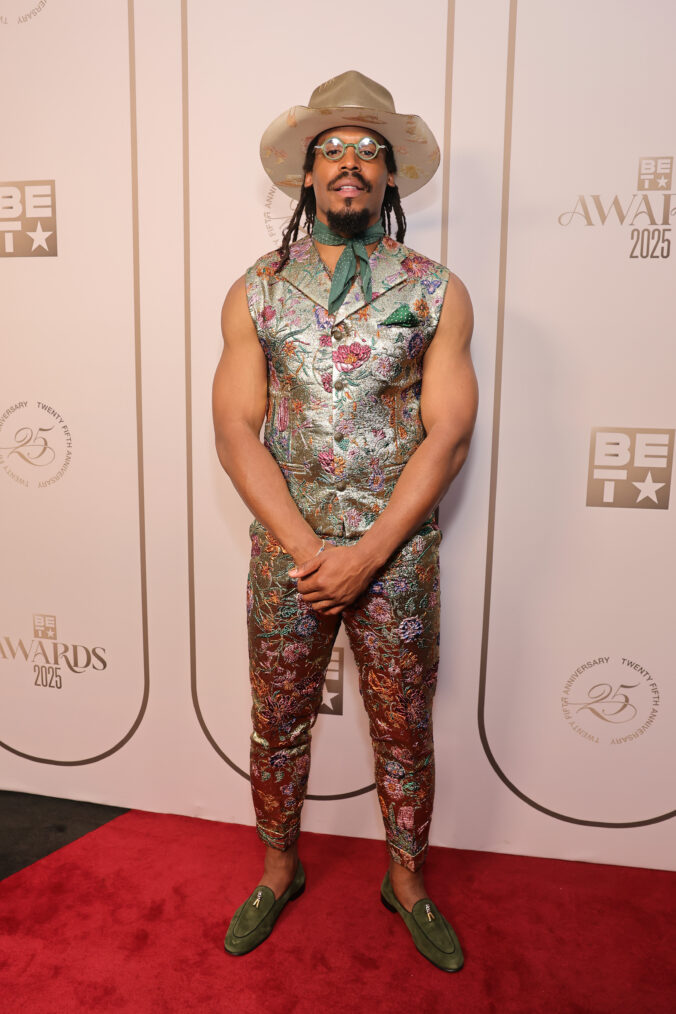 Cam Newton poses in the press room during the 2025 BET Awards at Peacock Theater