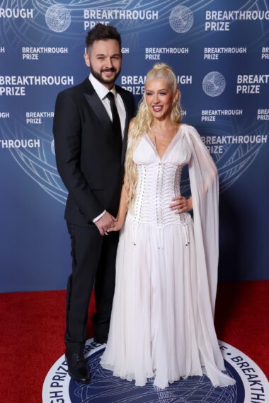 Matthew Rutler and Christina Aguilera attend the 11th Breakthrough Prize Ceremony at Barker Hangar on April 05, 2025 in Santa Monica, California.