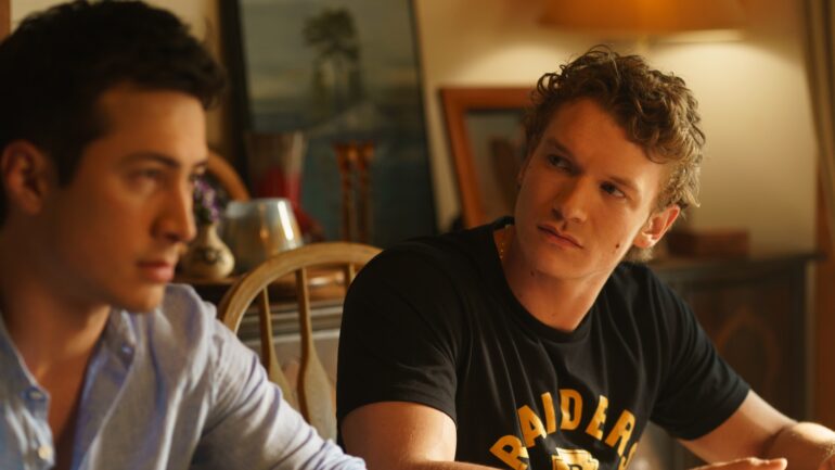 Hudson Williams as Shane Hollander and Connor Storrie as Ilya Rozanov in the 'Heated Rivalry' Season 1 finale