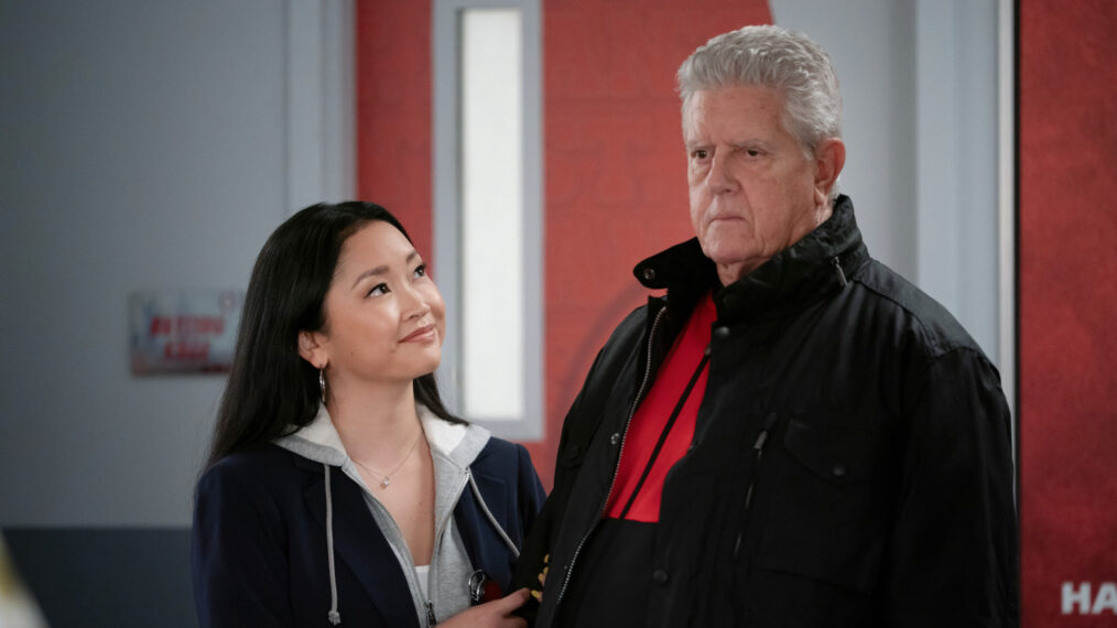 Lana Condor as Peyton Ramsey and Sam McMurray as Coach Willoughby in 'Elsbeth' Season 3 Episode 8