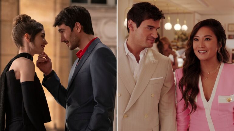 Emily in Paris. (L to R) Lily Collins as Emily, Eugenio Franceschini as Marcello in episode 408 of Emily in Paris (left). Paul Forman as Nicolas De Leon, Ashley Park as Mindy in episode 401 of Emily in Paris (right)