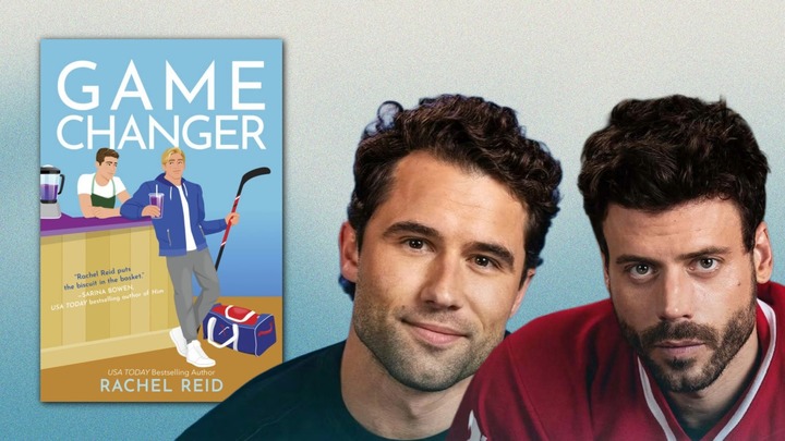 Game Changer book cover next to Robbie GK's Kip Grady and Francois Arnaud's Scott Hunter from 'Heated Rivalry'