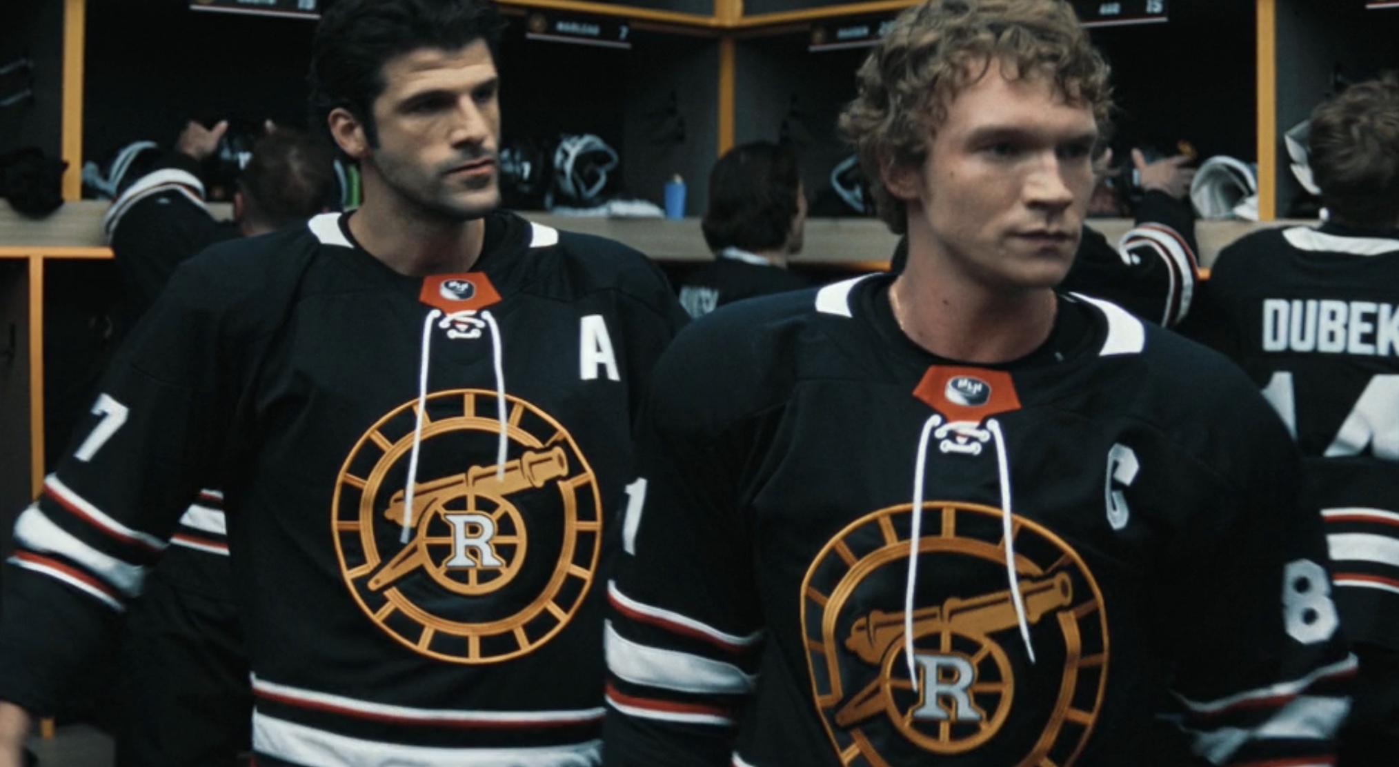 Ilya and Cliff in the locker room in 'Heated Rivalry' Season 1 Episode 2