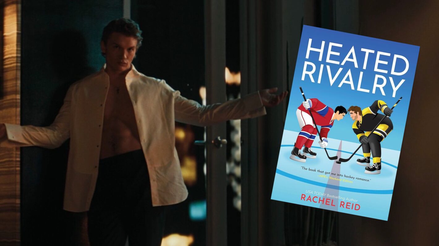 Connor Storrie as Ilya in 'Heated Rivalry' Season 1 Episode 2 in a Las Vegas hotel room, next to the book cover of 'Heated Rivalry' by Rachel Reid
