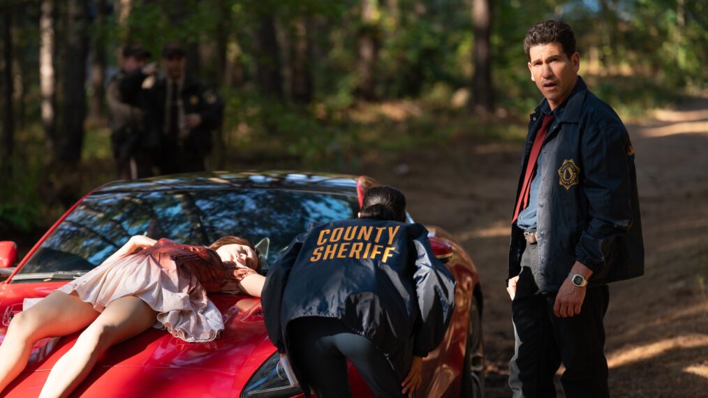 Sunita Mani as Priya and Jon Bernthal as Detective Jack Harper — 'His & Hers'