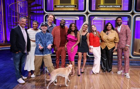 Coverage of the CBS Original Series HOLLYWOOD SQUARES, Season 2, Episode 222, scheduled to air on the CBS Television Network. Pictured: Boston Rob, Tiffany Haddish, Jo Koy, Pete Holmes, Ron Funches, Niecy Nash-Bettes, Ariana DeBose, Co-Host Drew Barrymore, Ms. Pat and Co-Host Nate Burleson.