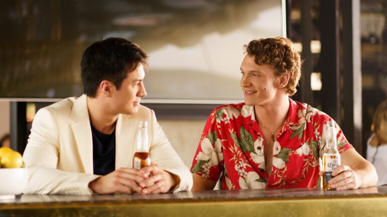 Hudson Williams as Shane Hollander and Connor Storrie as Ilya Rozanov in 'Heated Rivalry' Season 1