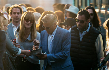 Laura Dern as Liz, George Clooney as Jay Kelly and Adam Sandler as Ron Sukenick in 'Jay Kelly'