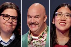 (from left) 'Jeopardy!' Second Chance Tournament players Rachael Gray, Guy Branum, and Jasmine Zhou, on December 22, 2025