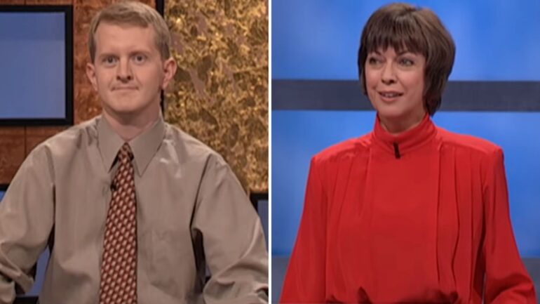 Jeopardy! champion KEn Jennings and Nancy Zerg (right) who defeated him after 74 games