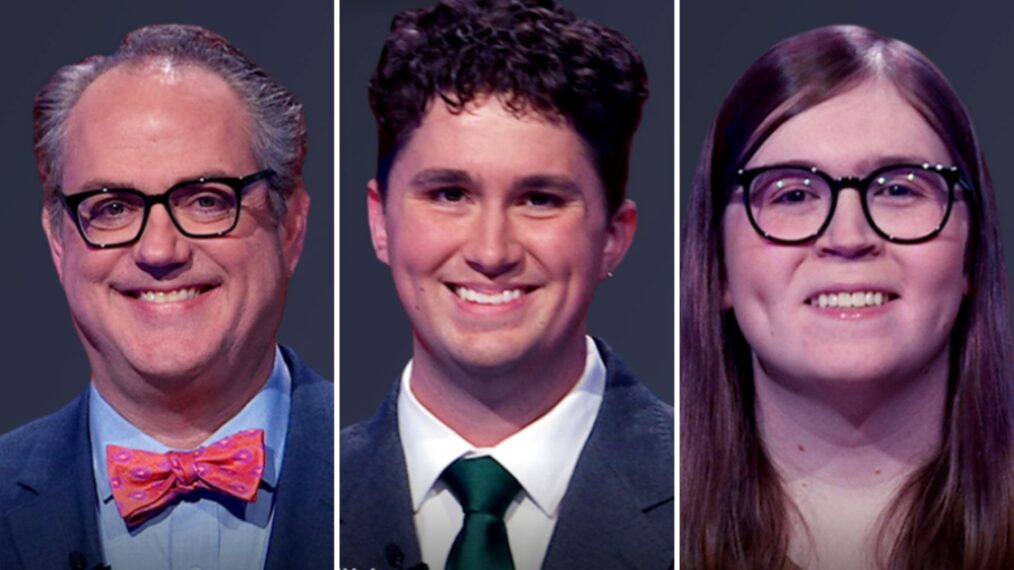 (from left) 'Jeopardy!' contestants Steve Riddell, Will Riley, and Jenna LaFleur, on December 9, 2025